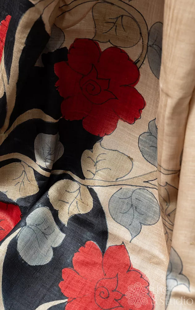 Beige with red handpainted tussar silk saree