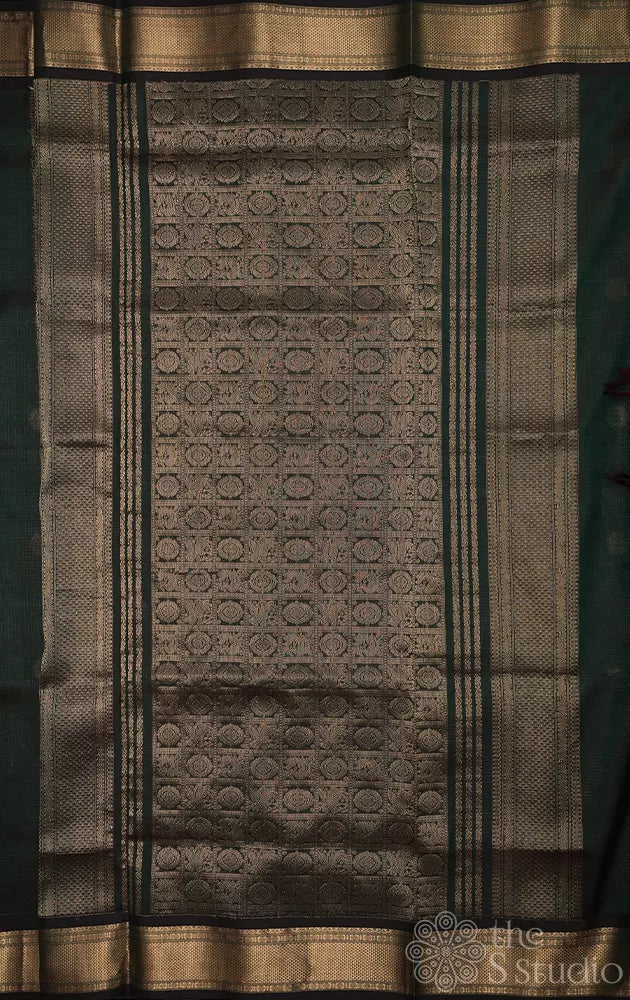 Dark bottle green vairaoosi checks ten yards silk cotton saree
