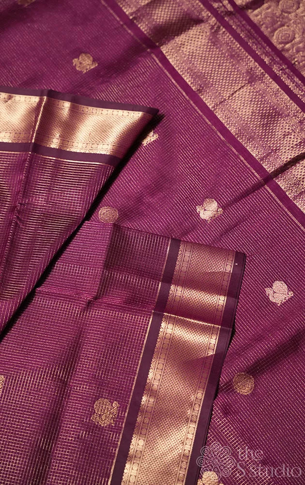 Purple ten yards silk cotton saree with vairaoosi zari checks