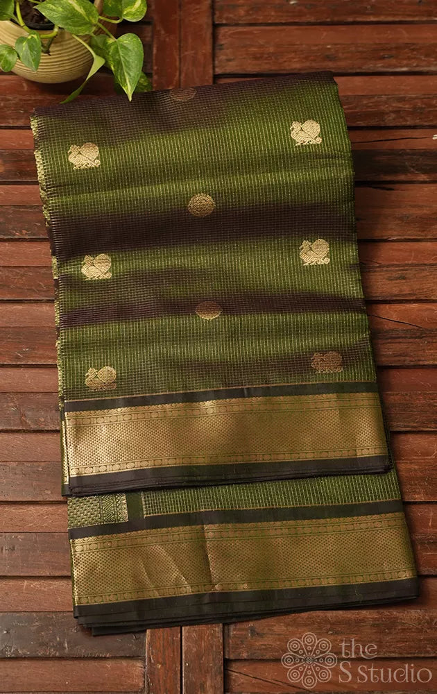 Olive green silk cotton saree with vairaoosi zari checks
