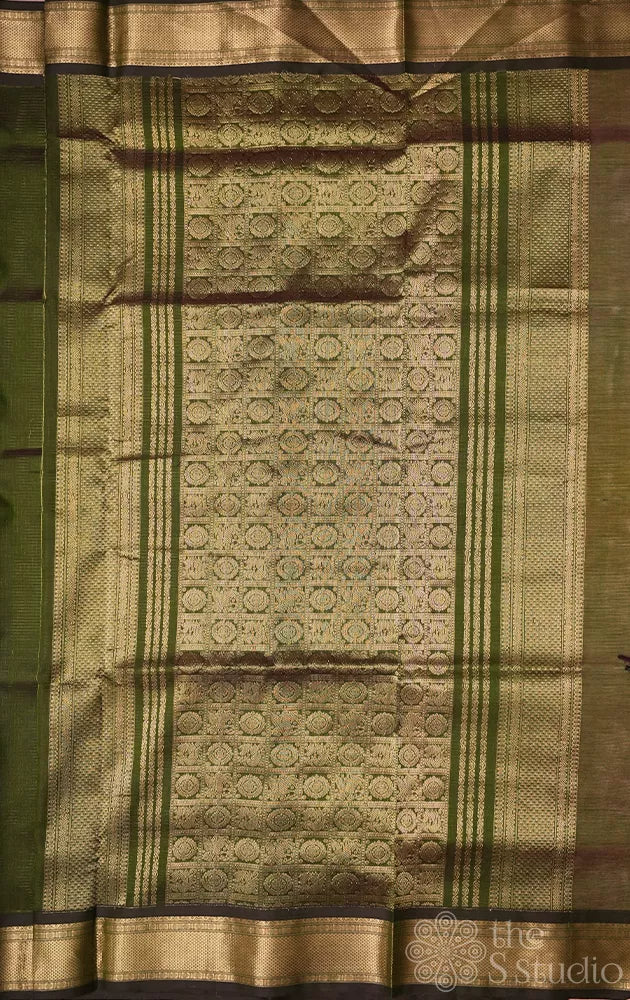 Olive green ten yards silk cotton saree with vairaoosi zari checks