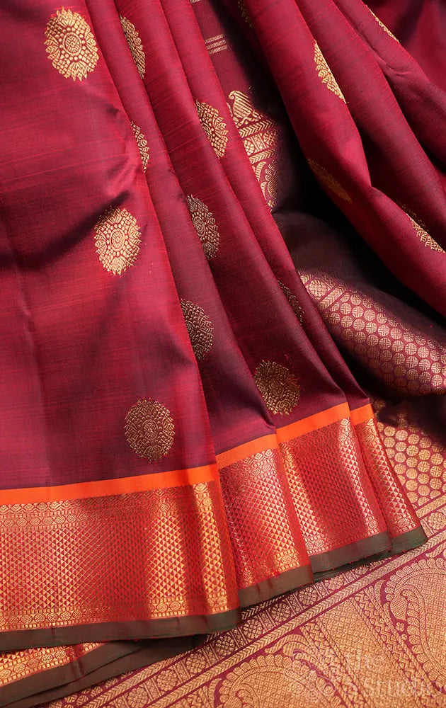 Maroon kanjivaram silk saree with buttas