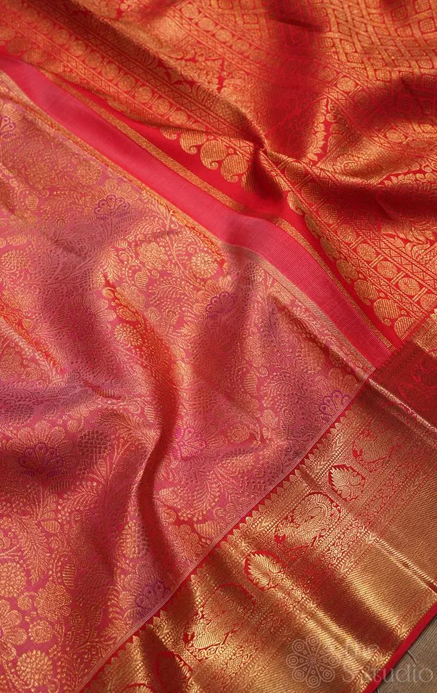 Peach bridal kanchi silk saree with jacquard weaving and red border