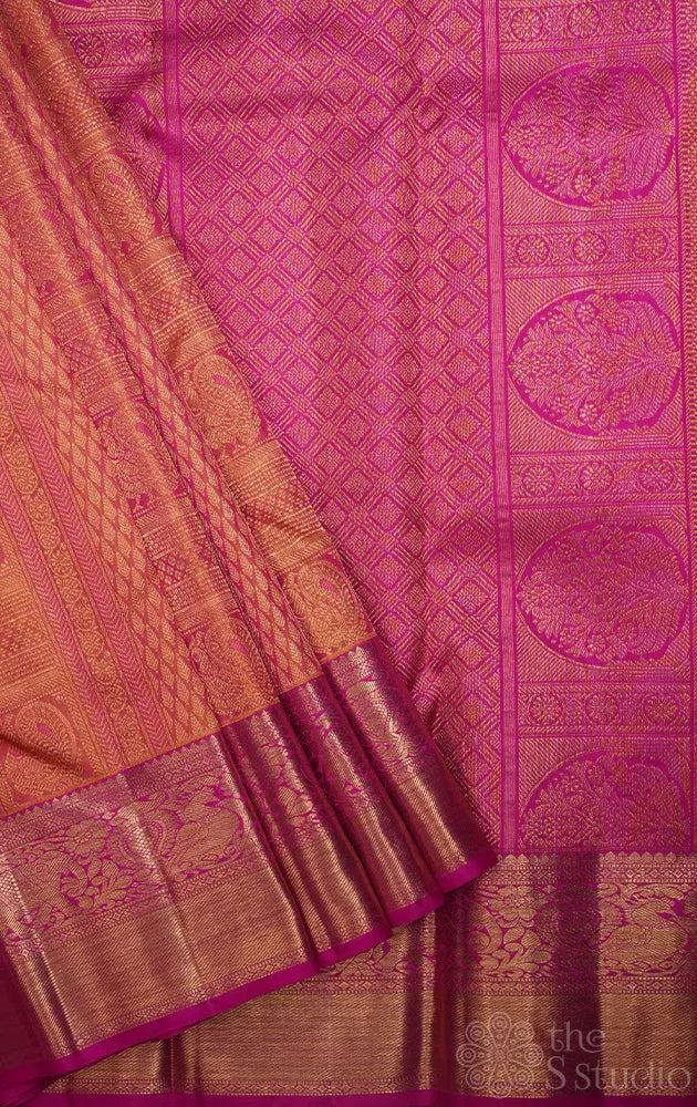 Mustard jacquard woven bridal kanchipuram silk saree with rani pink border