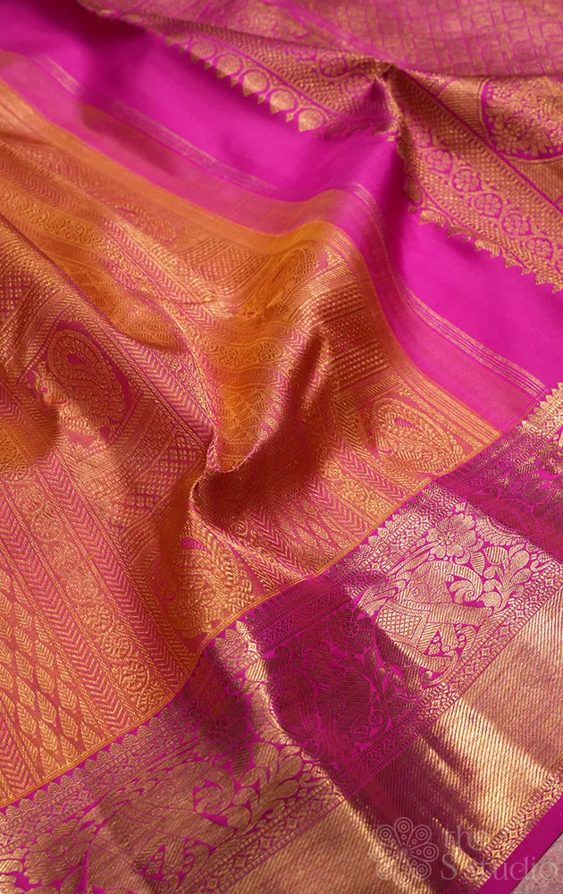Mustard jacquard woven bridal kanchipuram silk saree with rani pink border