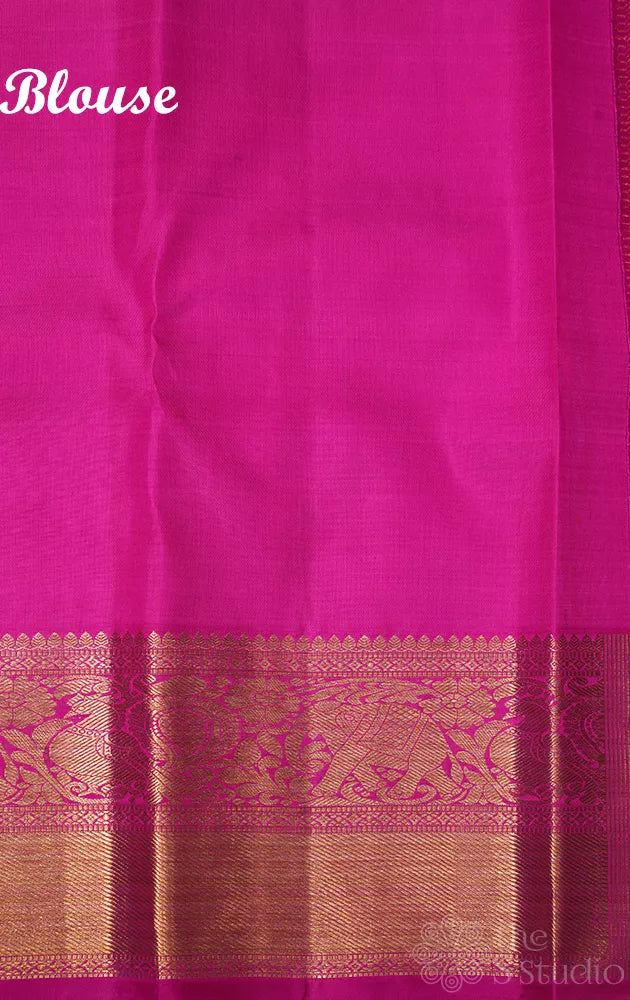 Mustard jacquard woven bridal kanchipuram silk saree with rani pink border