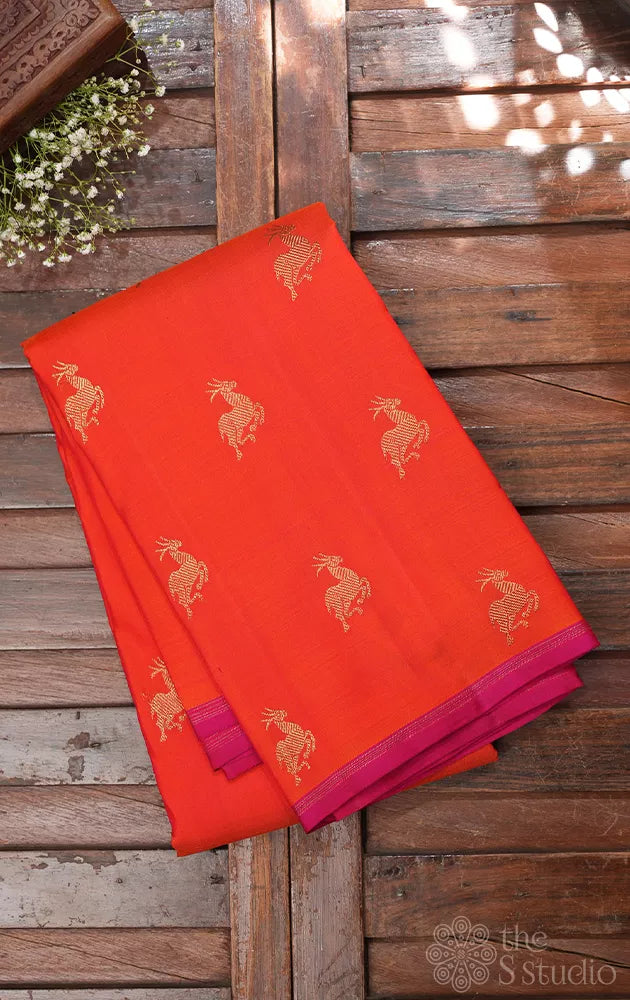 Orange deer butta kanjivaram silk saree with rani pink pallu