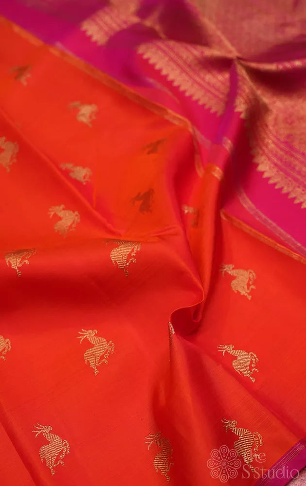 Orange deer butta kanjivaram silk saree with rani pink pallu