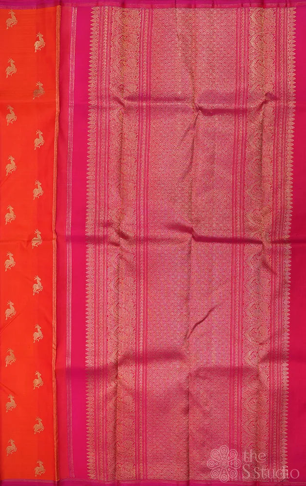 Orange deer butta kanjivaram silk saree with rani pink pallu