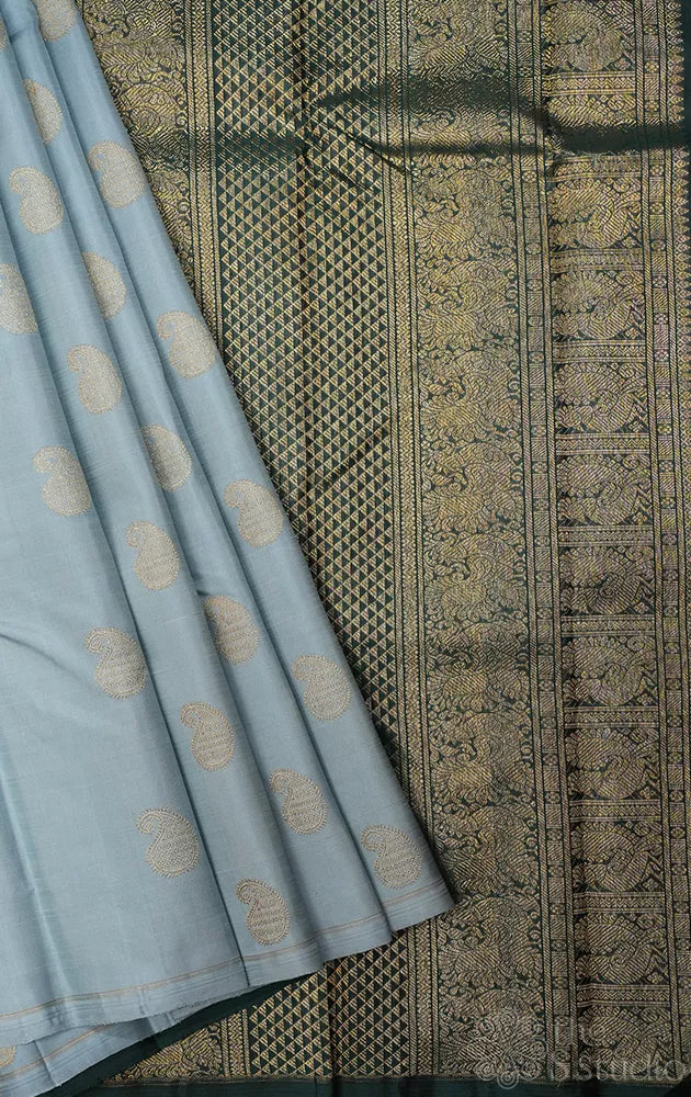 Light Grey borderless kanchipuram silk saree with bottle green pallu