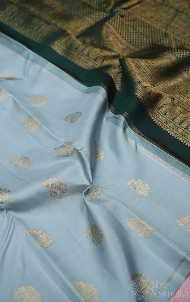 Light Grey borderless kanchipuram silk saree with bottle green pallu