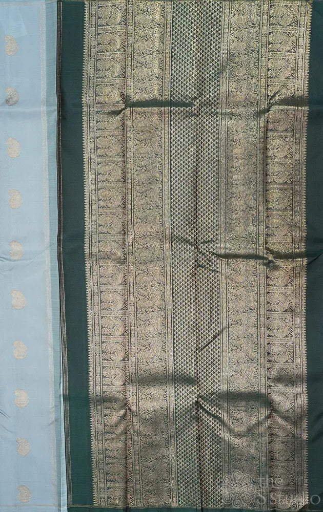 Light Grey borderless kanchipuram silk saree with bottle green pallu