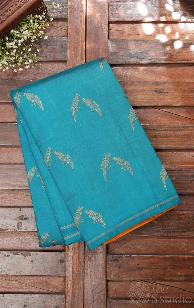 Rama blue kanjivaram silk saree with mustard pallu