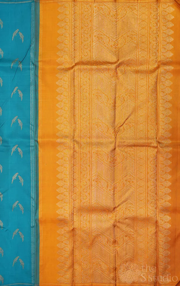 Rama blue kanjivaram silk saree with mustard pallu