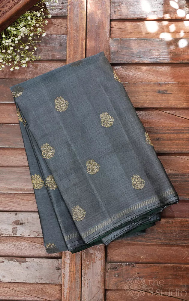 Steel grey kanchi silk saree with bottle green pallu