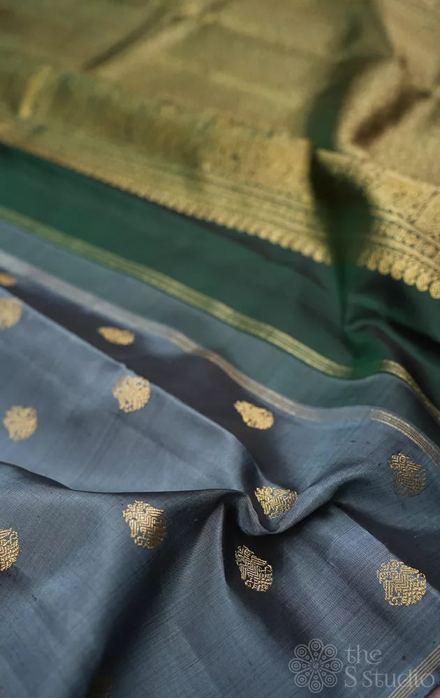 Steel grey kanchi silk saree with bottle green pallu