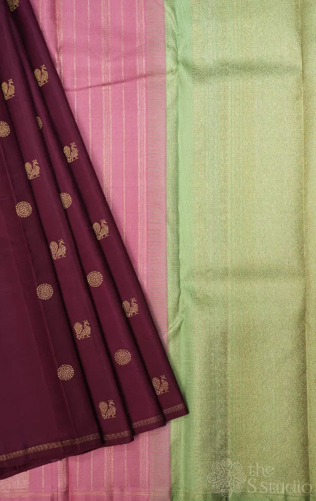 Brown kanjivaram silk saree with double pallu