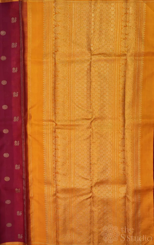 Maroon kora kanchi silk saree with mustard pallu