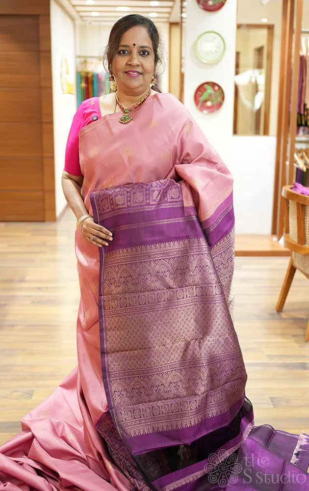 Onion pink kanjivaram silk saree with korvai purple border