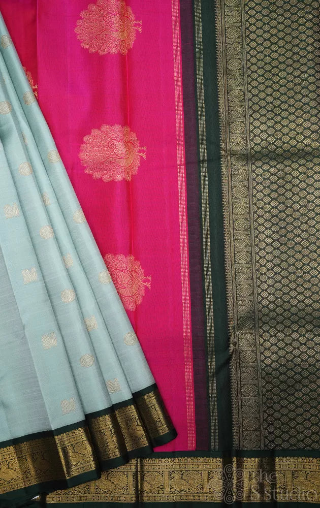 Grey kanjivaram silk saree with ganga jamuna korvai borders