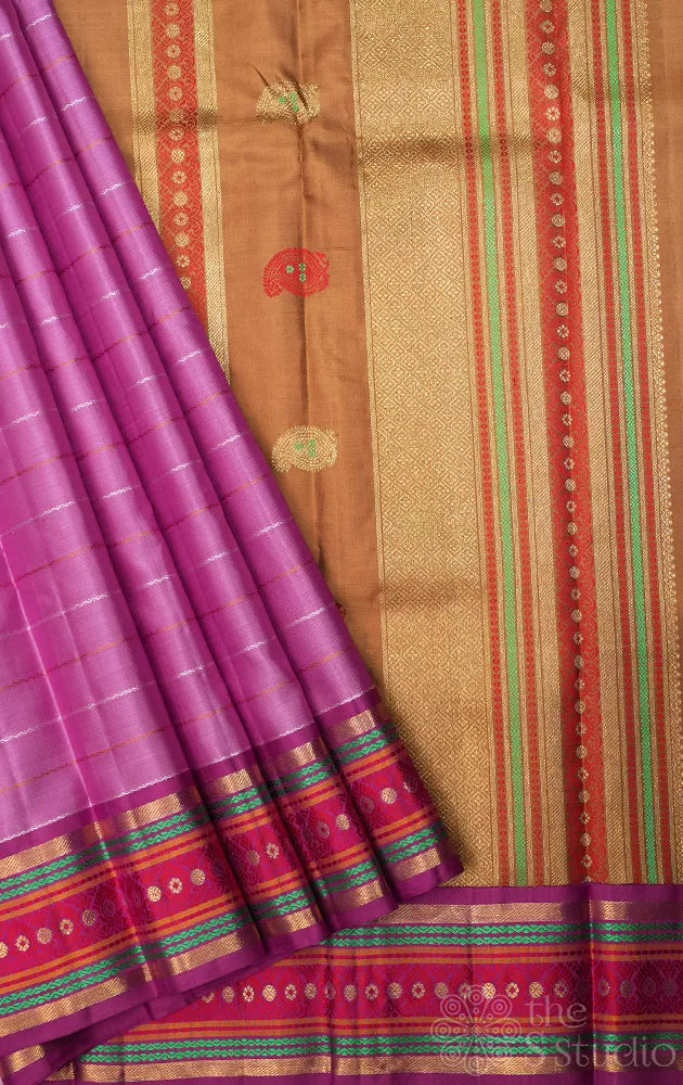 Lavender traditional adai woven kanjivaram silk with veldhari lines