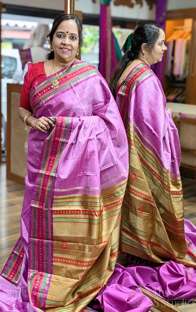 Lavender traditional adai woven kanjivaram silk with veldhari lines