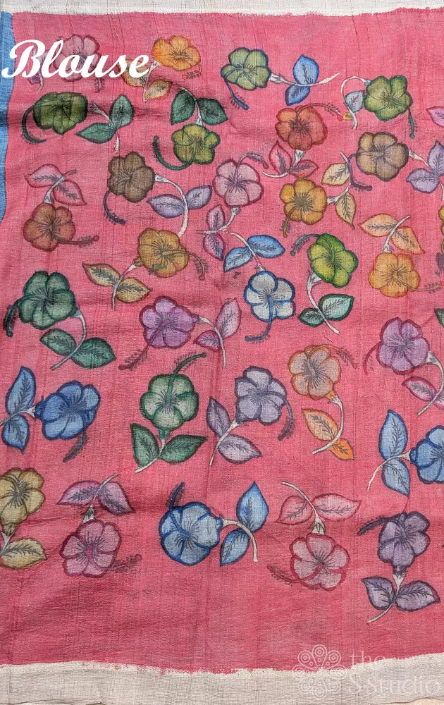 Blue hand painted kalamkari tussar silk saree