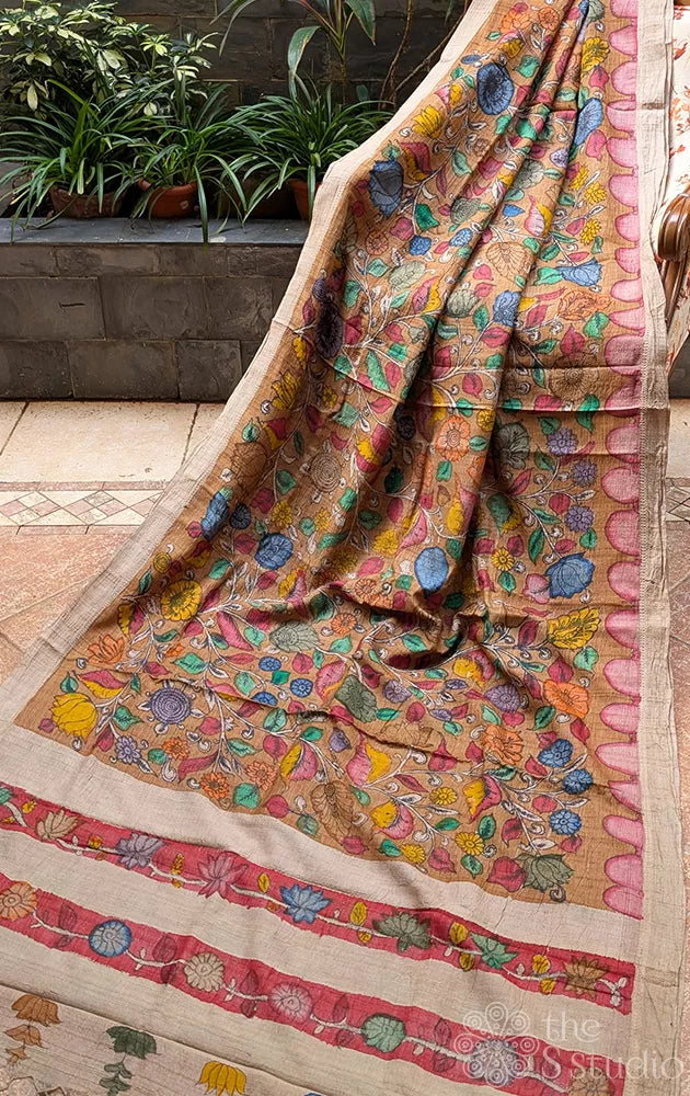 Sand brown colour hand painted kalamkari tussar silk saree