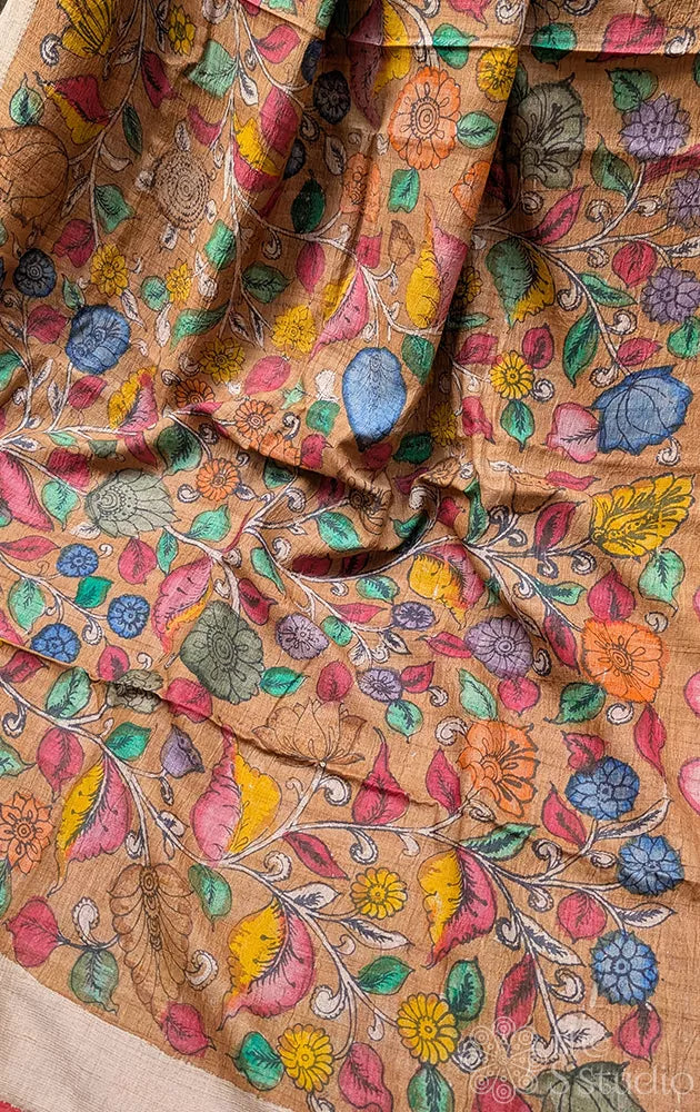 Sand brown colour hand painted kalamkari tussar silk saree