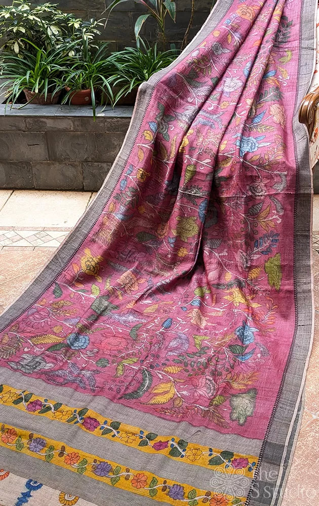 Dark pink hand painted kalamkari tussar silk saree