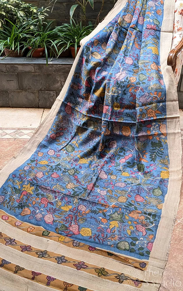 Blue hand painted kalamkari handloom tussar silk saree