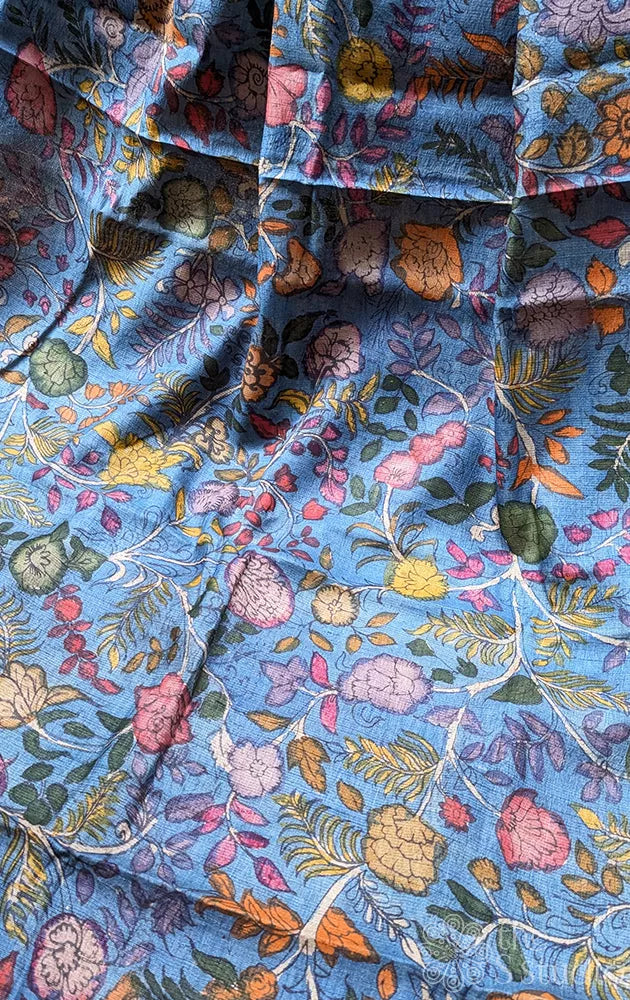 Blue hand painted kalamkari handloom tussar silk saree
