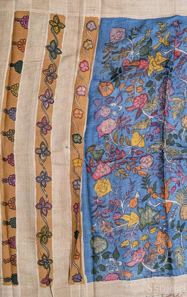 Blue hand painted kalamkari handloom tussar silk saree