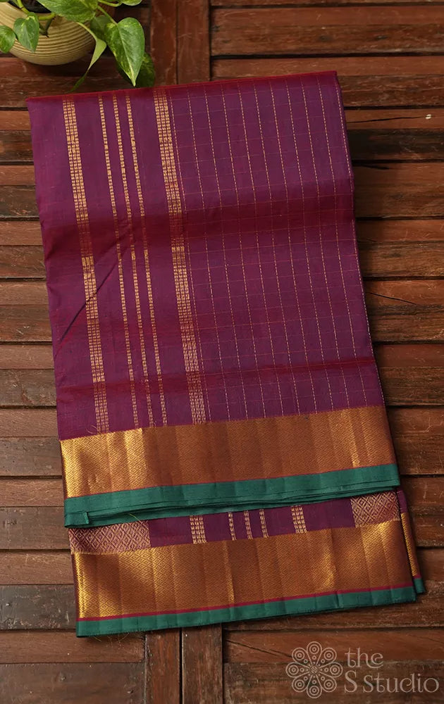 Purple zari checks ten yards silk cotton saree with getti zari border