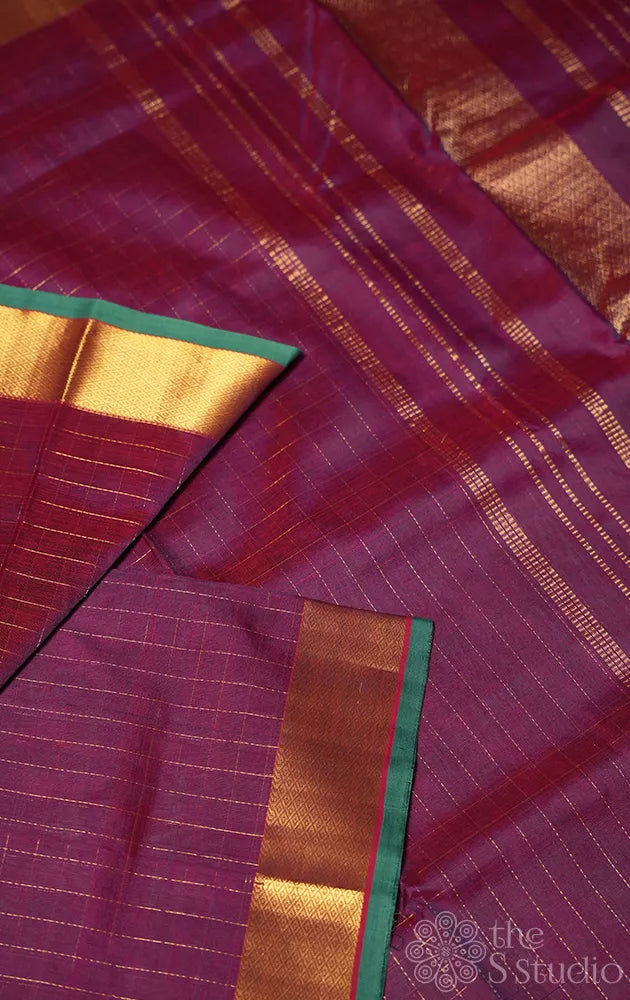 Purple zari checks ten yards silk cotton saree with getti zari border