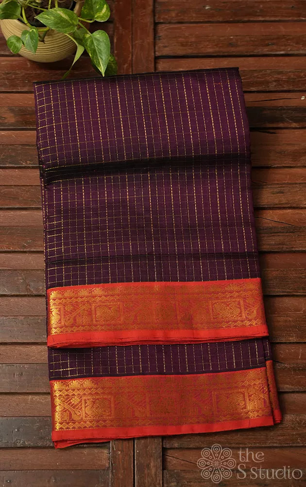 Deep purple ten yards silk cotton saree with zari checks