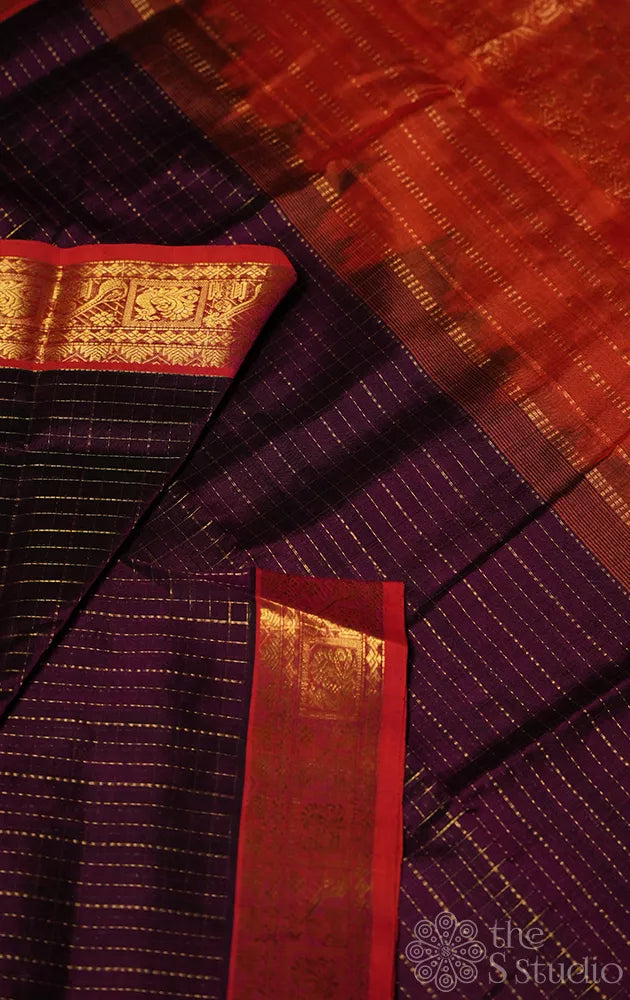 Deep purple ten yards silk cotton saree with zari checks