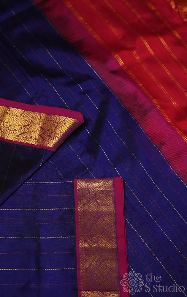 Royal blue ten yards silk cotton saree with red pallu