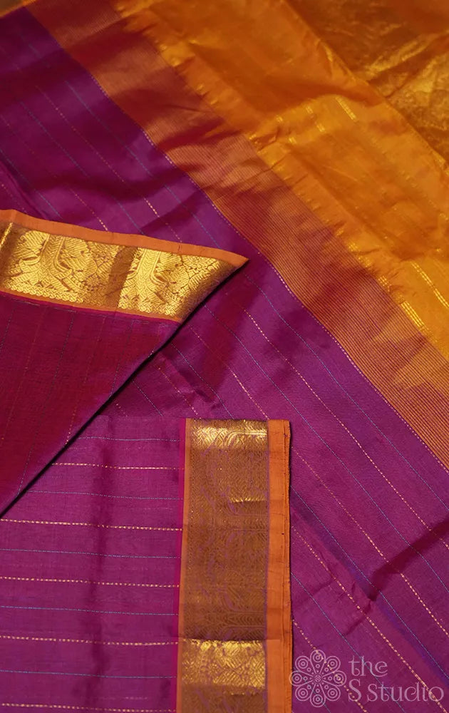 Magenta ten yards silk cotton saree with mustard pallu