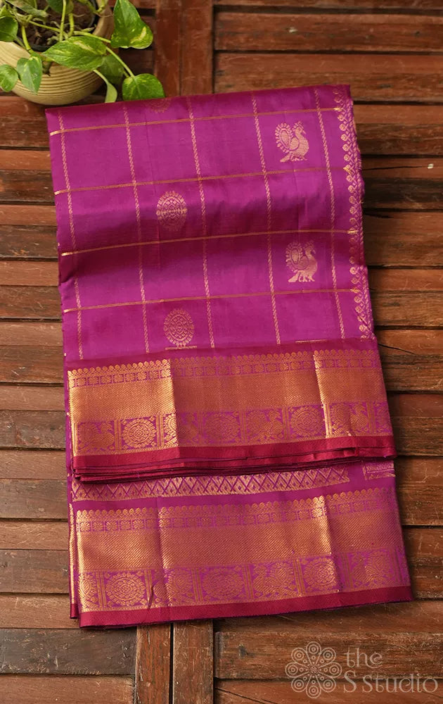 Magenta big zari checks ten yards silk cotton saree