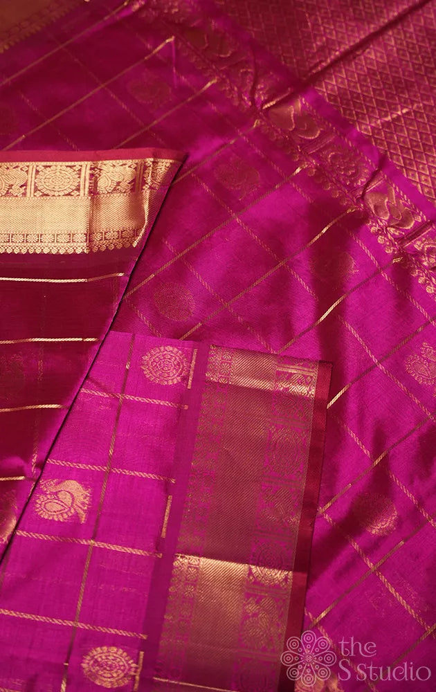 Rani pink ten yards silk cotton saree with big zari checks
