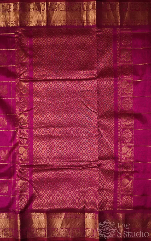 Rani pink ten yards silk cotton saree with big zari checks