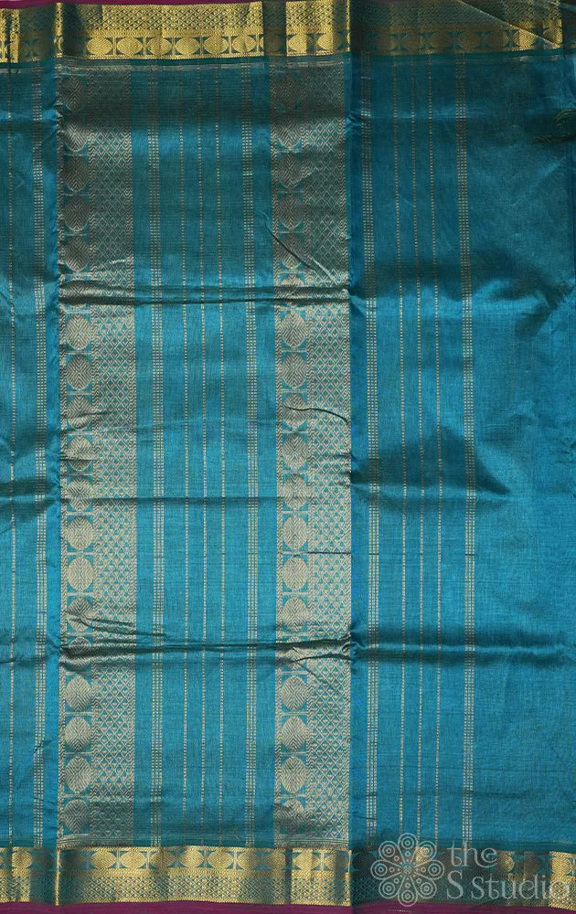 Sea blue vairaoosi ten yards silk cotton saree with maroon selvedge