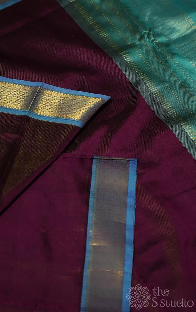 Dark purple vairaoosi ten yards silk cotton saree with sea blue border