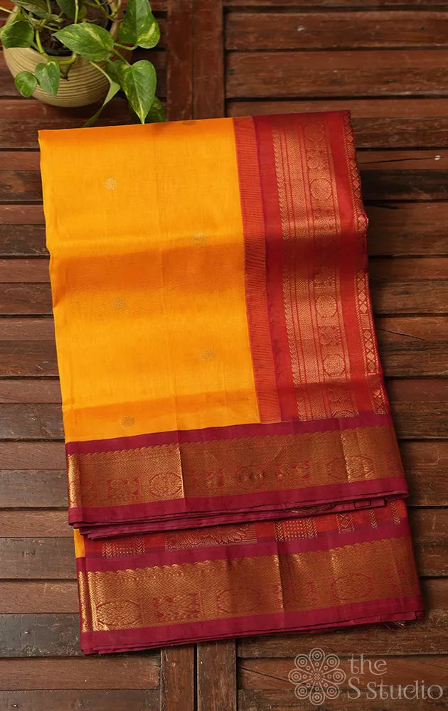 Mango yellow ten yards silk cotton saree with red border