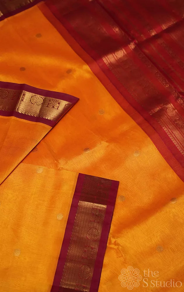 Mango yellow ten yards silk cotton saree with red border