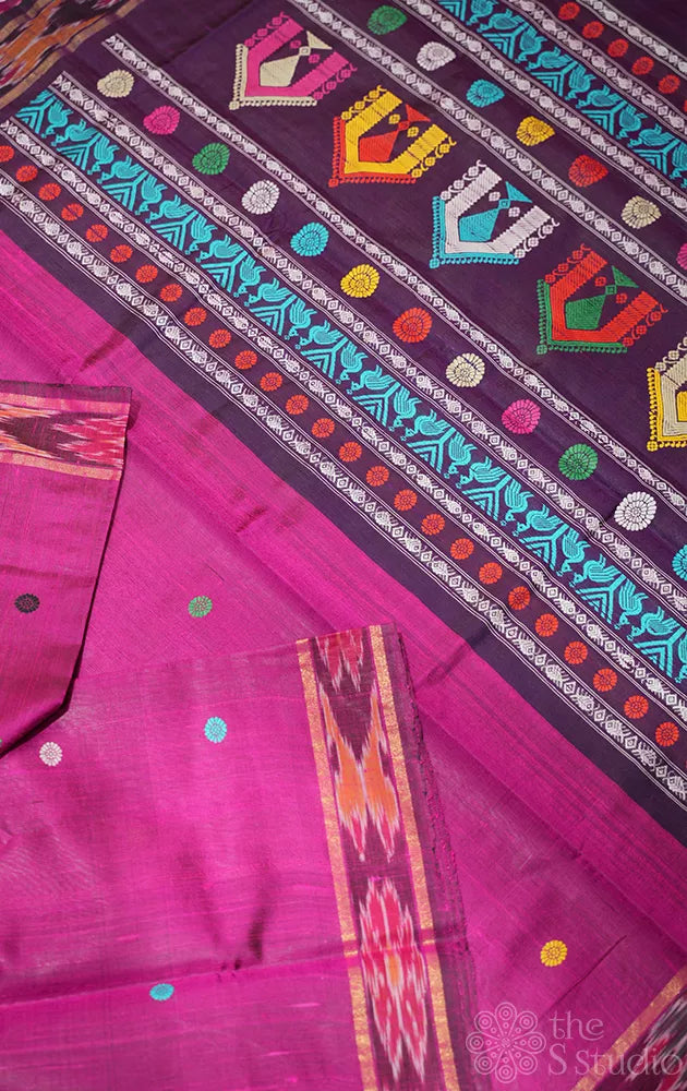 Magenta raw silk saree with ikkat style border