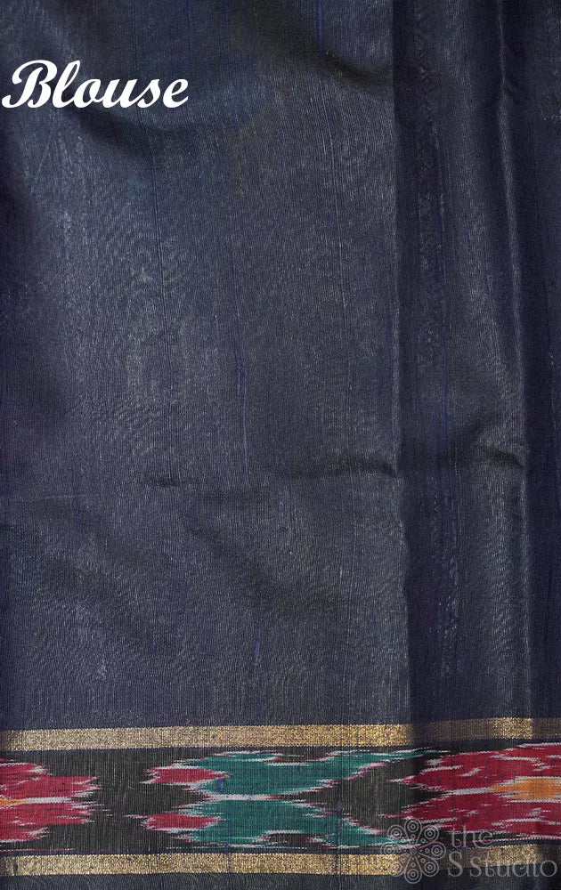 Grey raw silk saree with ikkat border and dolabedi temple design pallu