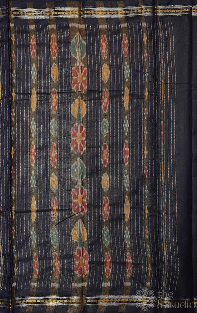 Red raw silk saree with navy blue temple border