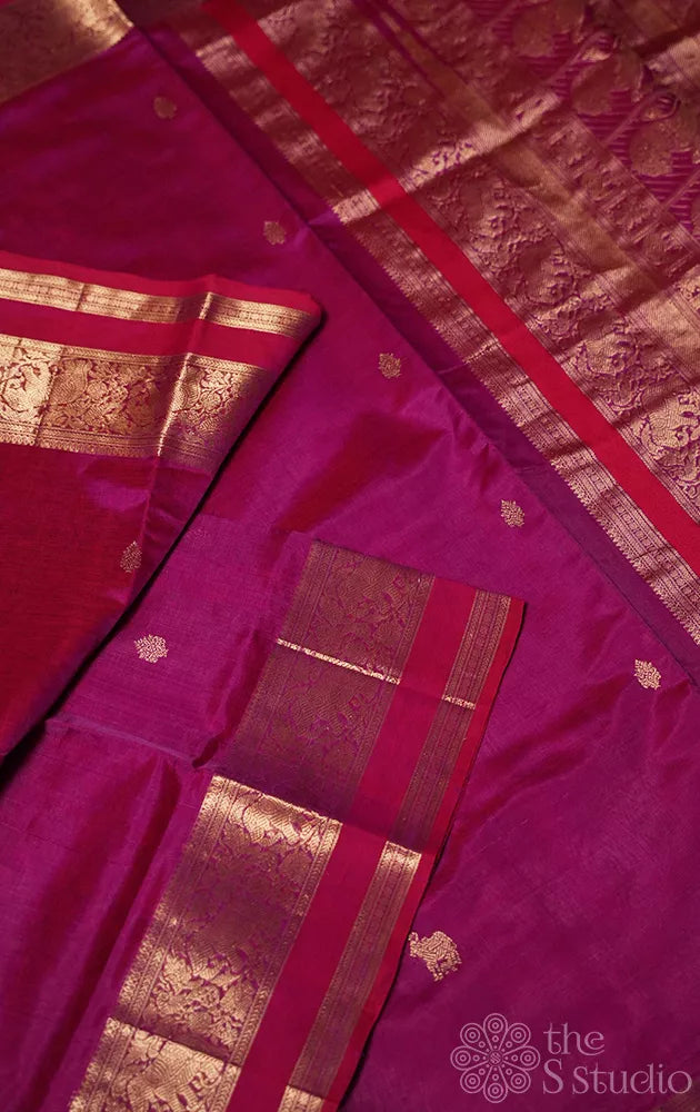 Magenta ten yards silk cotton saree with zari border
